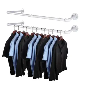 2 Pack Industrial Pipe Clothes Rack White Wall Mounted Clothing Rack for Hanging Clothes 34.5 Inch Multi-Purpose Garment Bar for Wardrobe and Laundry Room