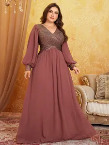 Plus Size Women's V Neck Sequin Chiffon Lightweight Maxi Dress, Chic Elegant Long Sleeve Formal Wear Evening Party Gown, Fitted Ruched Waist Design, All Seasons, Elegance
