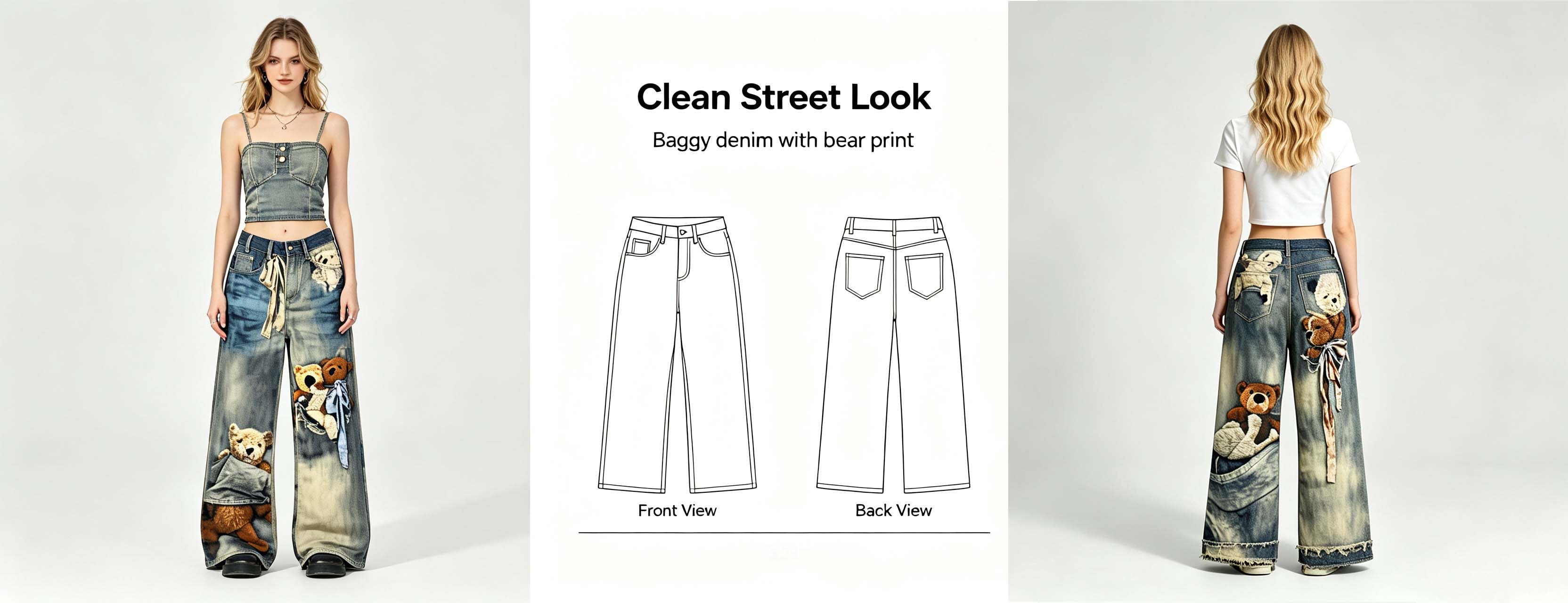 Y2K Vintage Bear Print Wide Leg Jeans High Waisted Tie Dye Gradient Denim Pants 3D Teddy Graphic Ribbon Detail Flattering For Pear Shape Alt Girl Streetwear Festival Daily Outfit