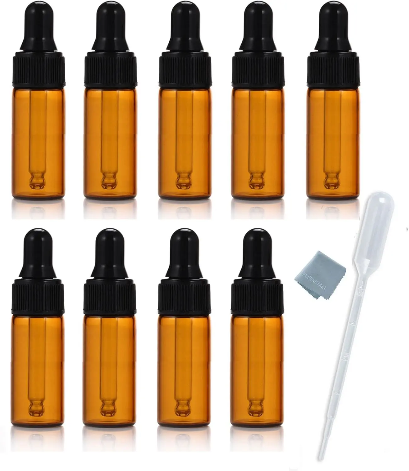 Simple-e 10pcs 5ml 1/6oz Amber Mini Glass Bottle Amber Sample Vial Small Essential Oil Bottle with Glass Eye Dropper + 1pc Glass Clean Cloth + 1pc 3ml dropper (10)