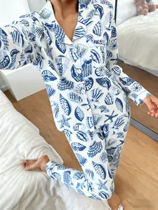 Women's Long Sleeve Pyjama Set, Blue Shell Starfish Ocean World Full Print, Casual Loose Fit Home Wear, All Seasons