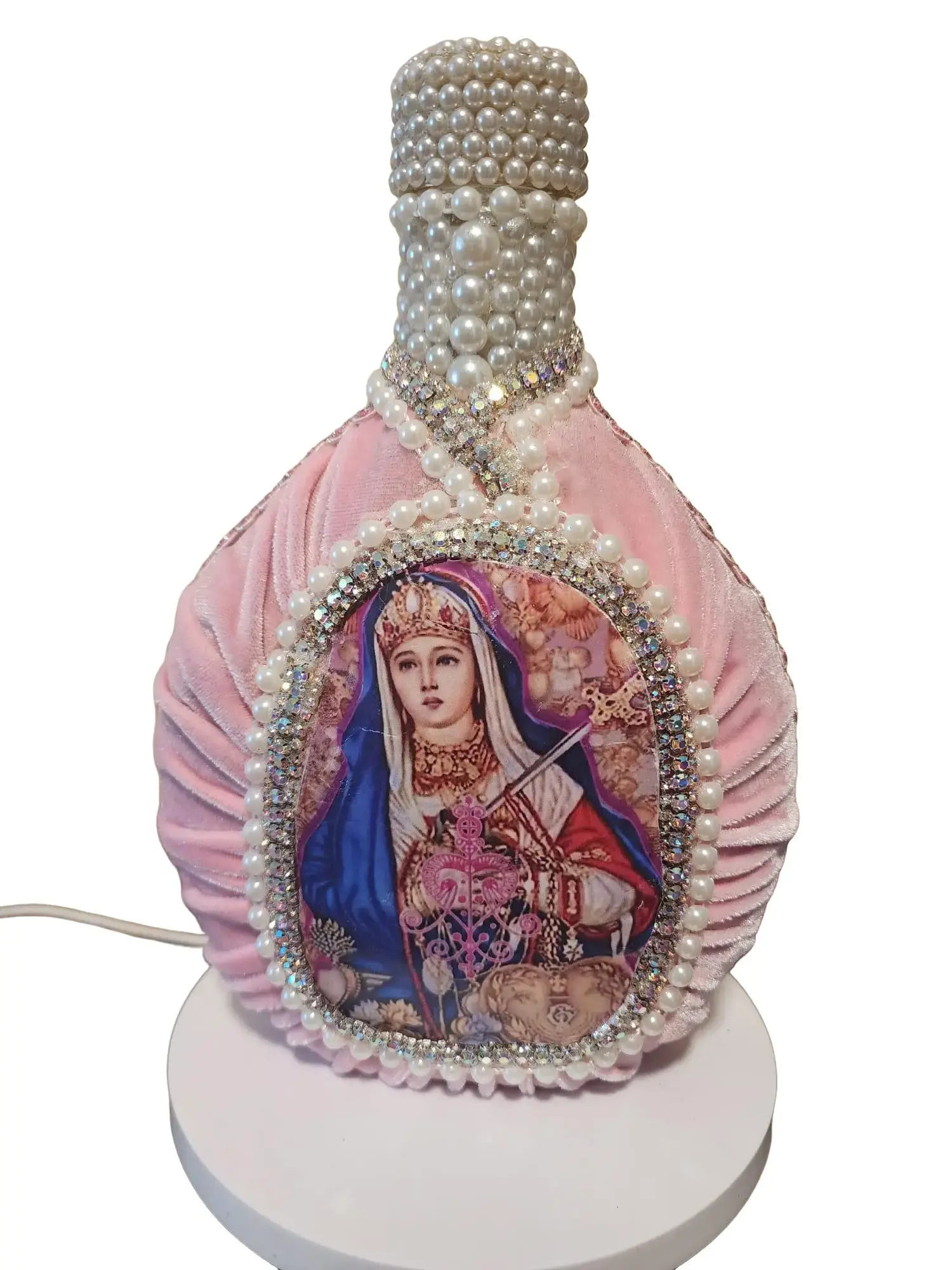Ezili Freda Boutey Pink with Rhinestones Decor for Loa Use - Handcrafted Ornament with Pearl Embellishments and Iconic Pattern