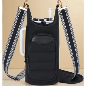 Puffy Water Bottle Holder Bag for 30oz/40oz Tumbler with Handle – Insulated Carrier Pouch with Phone Pocket & RFID-Blocking Slot, Drawstring Closure, Cute Travel Accessory