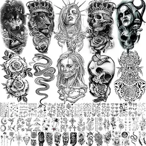62 Sheets Wolf Lion Skeleton Temporary Tattoos For Men Women Arm, 3D Realistic Tattoo Stickers For Adults Kids Neck, Black Scary Skull Halloween Vampire Fake Tatoos Snake Flower Compass Gift