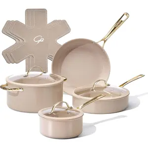 Ceramic Cookware Sets, 10 count Pots and Pans Set Non Stick, Cookware Set with Stainless Steel Handle, Dishwasher & Oven Safe, Taupe and Light  Handle