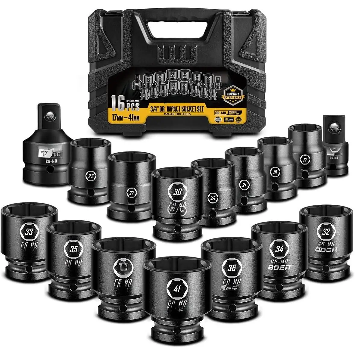 3/4" Drive Metric Socket Set, 17mm - 41mm Large  Sockets, 6-Point CR-MO Steel, Rugged Construction,16PCS with a Storage Case, for Large  and Machinery Maintenance