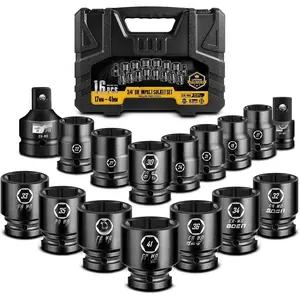 3/4" Drive Metric Socket Set, 17mm - 41mm Large  Sockets, 6-Point CR-MO Steel, Rugged Construction,16PCS with a Storage Case, for Large  and Machinery Maintenance
