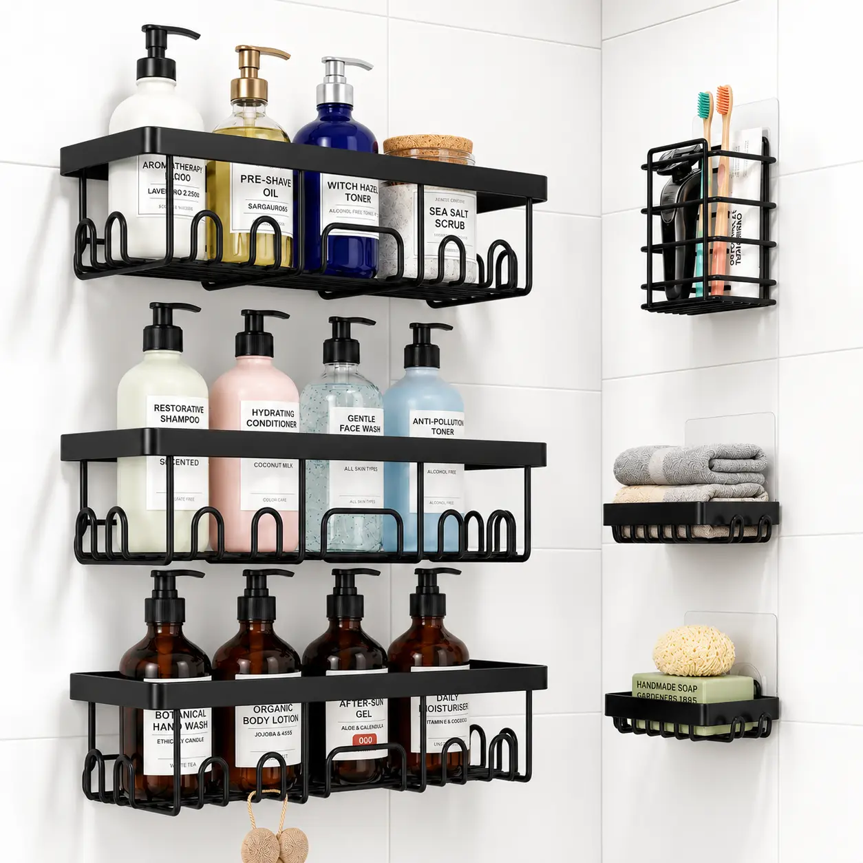 6 Pack No Drilling Self Adhesive Shower Caddy Wall Mount Storage Basket, Rustproof Large Capacity Multifunctional Bathroom Kitchen Organizer Rack with Soap Holder