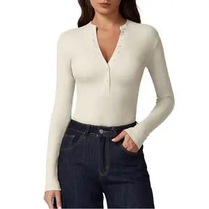 QINSEN Button Down Shirts for Women V Neck Long Sleeve Ribbed Knit Slim Fit Basic Tee Tops