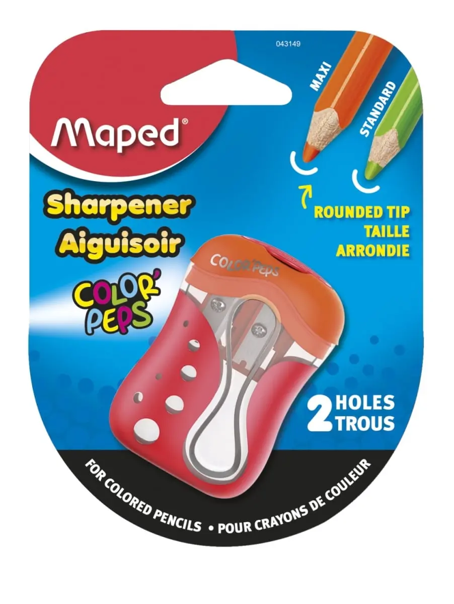 Maped 2005013 Color Peps 2-Hole Manual Colored Pencil Sharpener, Plastic/Metal Build, 3.75x1.33x5in, Assorted Hues, Child-Safe, Protective Cap, Sharpens to a Rounded Point, Shatter-Resistant Canister, for Office Stationery Coloring Needs