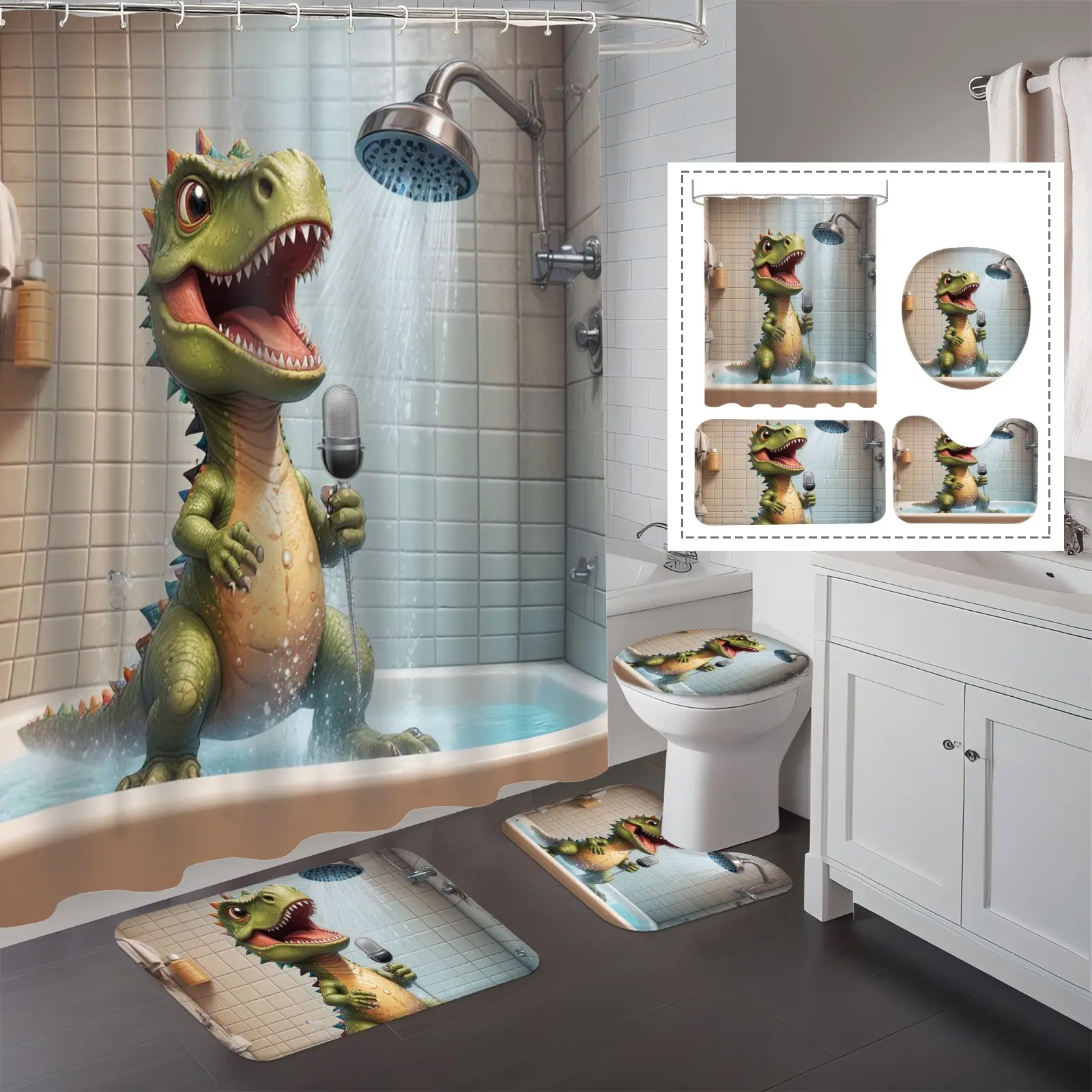 HOT 4-Piece Funny Dinosaur Shower Curtain Set - Cartoon  Waterproof Bathroom Decor with 12 Easy-Glide Hooks  Including Rug  U-Shape Mat  and Toilet Lid Cover