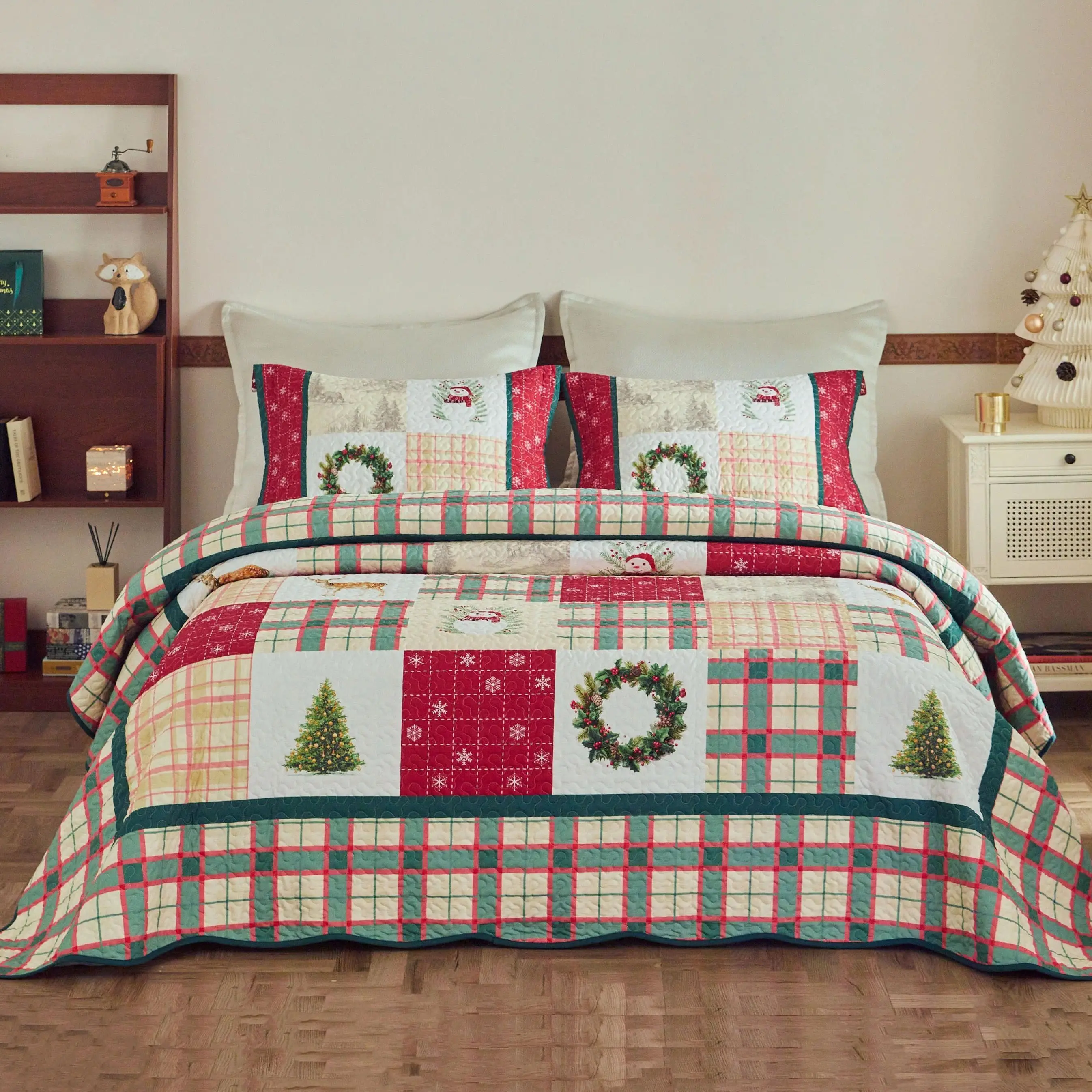 3-Piece Vintage Christmas Plaid Patchwork Quilt Bedspread Set,Lightweight Holiday Bedding Set