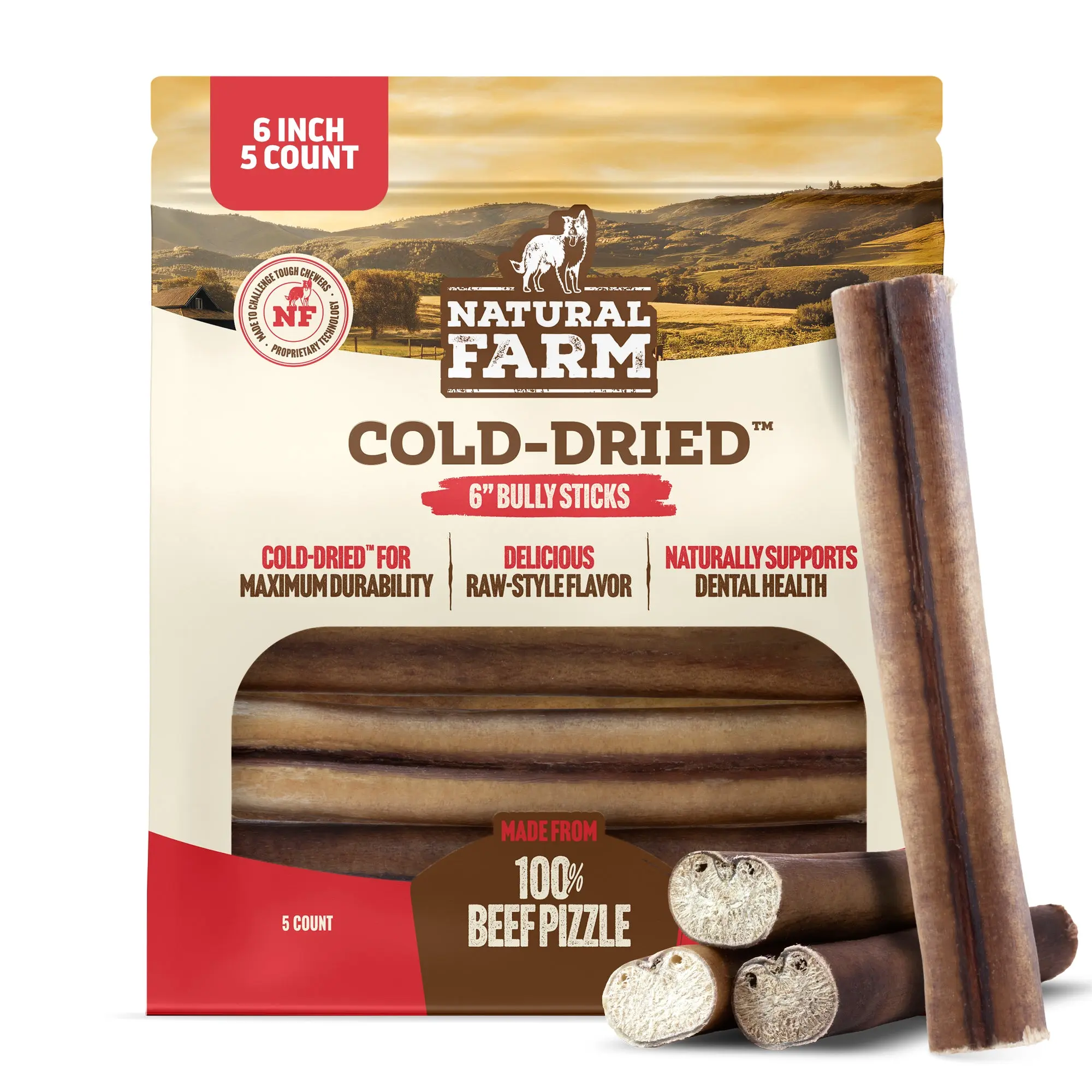 Natural Farm Cold-Dried 6-in Bully Sticks - 100% Grass-Fed Beef Pizzle, Odor-Free, Fully Digestible, Grain-Free Dental Sticks, Low-Temperature Process, 97% Protein, for Medium to Strong Chewers