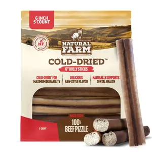 Natural Farm Cold-Dried 6-in Bully Sticks - 100% Grass-Fed Beef Pizzle, Odor-Free, Fully Digestible, Grain-Free Dental Sticks, Low-Temperature Process, 97% Protein, for Medium to Strong Chewers