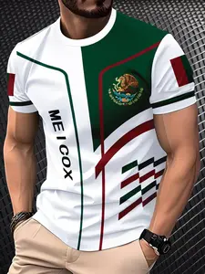 Men's Breathable Short Sleeve T-Shirt, Striped Fitted Summer Top, Base Mexico Element 3D Print, Casual Sportswear, Athletic Apparel, Athletic Training Apparel