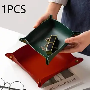1pc Leather Storage Tray Dice Box Coin Desktop Jewelry Box Makeup Key Tray DIY Household Folding Tray Storage Case Portable Storage Box
