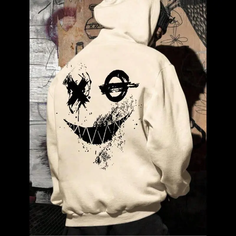 Men's Smile Face Print Pocket Hoodie, Regular Fit Casual Fashion Street Hooded Sweatshirt for Daily Holiday Outdoor Wear, Men Trendy Grunge Clothes for Fall & Winter Menswear Tops Pullover Long Sleeve Khaki  Wetsuit Knit