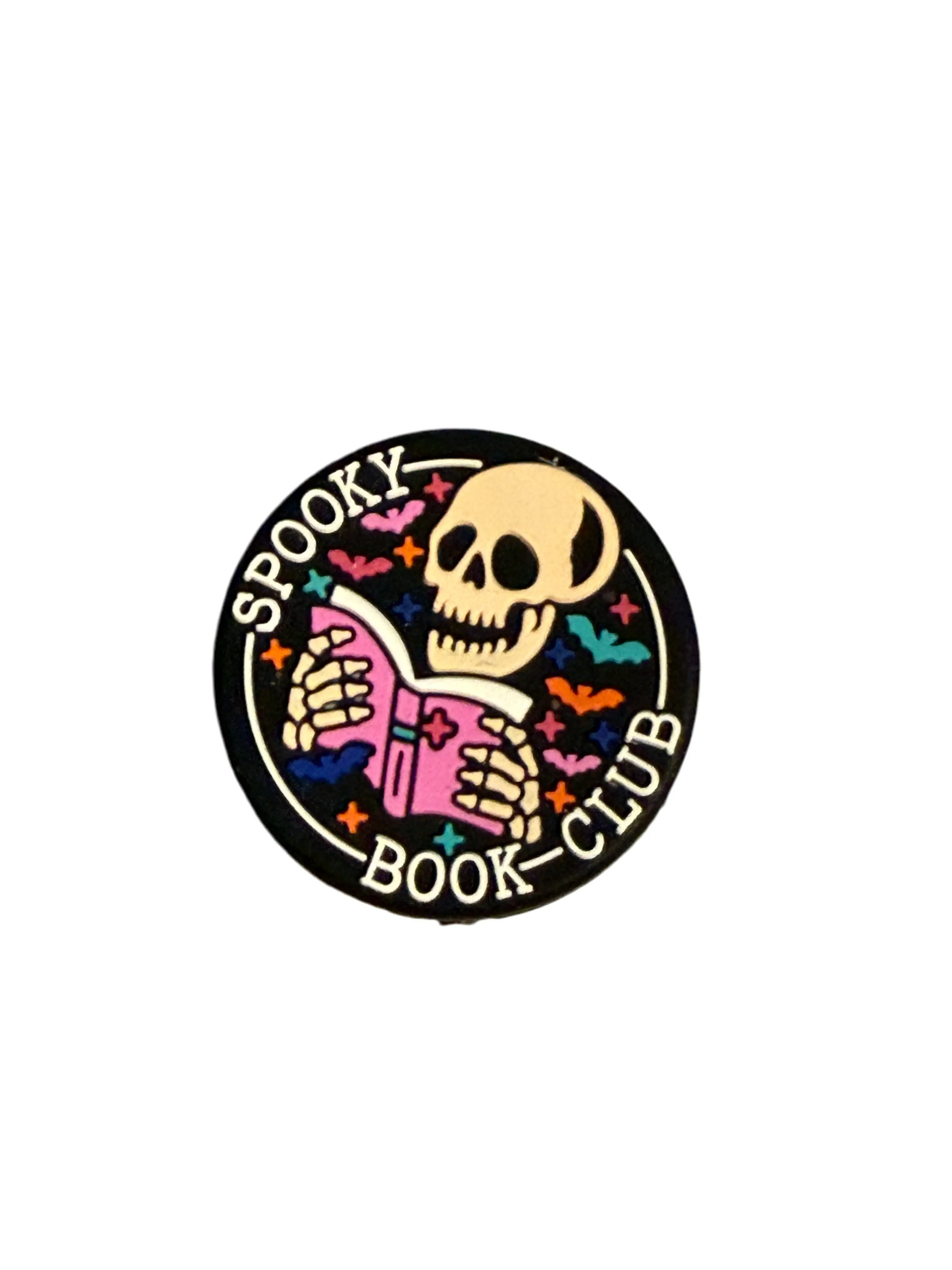 F/S18- (1)PC 1.2" Round Spooky Book Club W/ Skeleton Reading Book Focal Bead for DIY Keychains, Wristlets, Cup Charms, Car Charms ETC