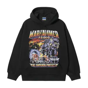Warhammer 40K "For the Emperor" Heavyweight Vintage Hoodie Cotton Blend Classic Anime Sweatshirt Menswear Tops Pullover Long Sleeve Casual Biker Black Slogan Print Crewneck Wetsuit