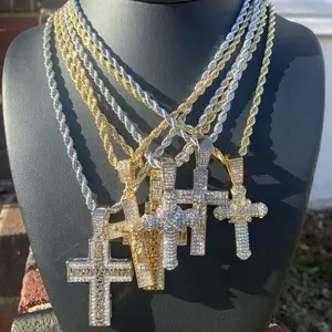 Iced Bling Out Cross Pendant, 24” Twisted Rope Luxury Fashion Chain silver rhinestones