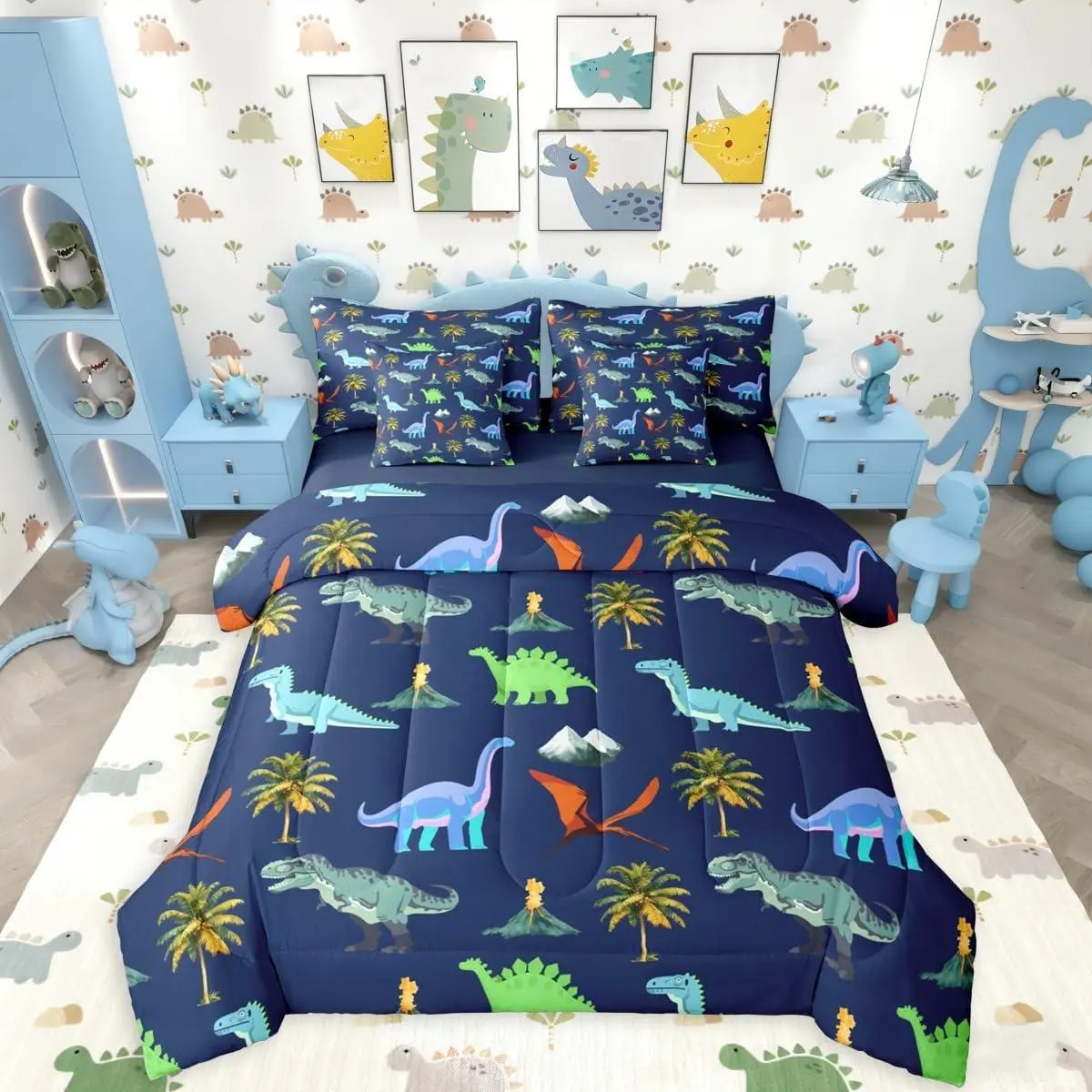 Dinosaur 7 Pieces Bedding Set,Cute Colorful Dinosaur Bed in a Bag,Tropical Palm Trees Bed Set Includes Comforter,Sheet Set,Pillowcases & Pillow Covers,Jungle Animal Bedroom Decor