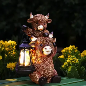 Solar Highland Cow Garden Decor -  Cow Statue with Solar Lantern Outdoor Yard Patio Decor - Ideal Gifts for Women,Mom Men (Copper)