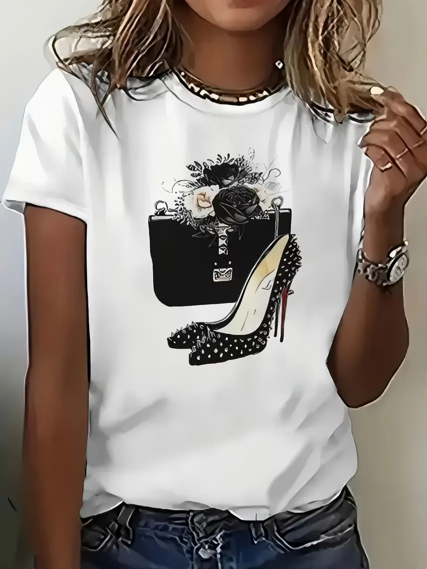 Women's White T-Shirt with Floral and High Heel Print Casual Fashion Top for Everyday Wear
