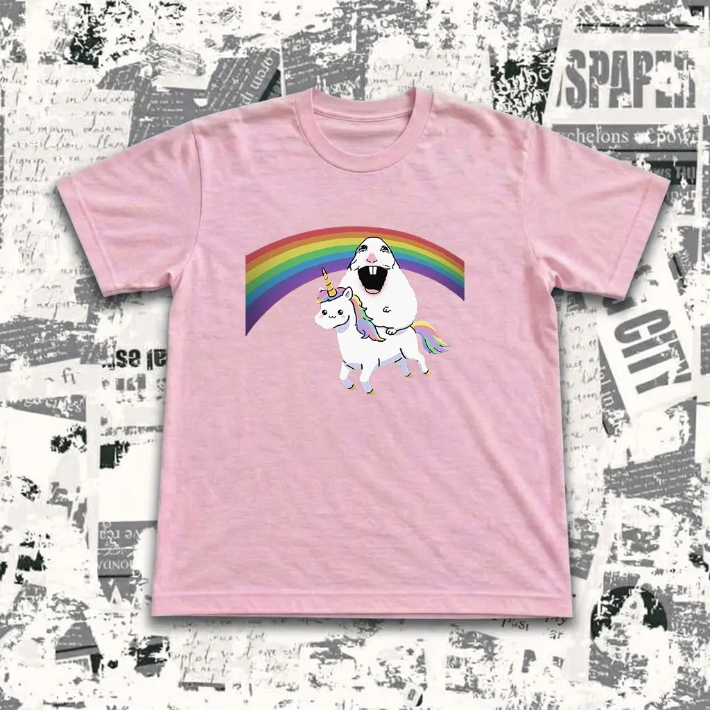 Funny Hamster Riding Unicorn T-Shirt, Pink Graphic Tee Cute Rainbow Guinea Pig Meme Shirt, Aesthetic Y2K Weirdcore Top Hilarious Gift for Friends & Sister