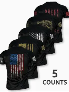 Men's Fashion Round Neck Casual Streetwear Short Sleeve Print T-Shirt, Summer Comfortable Outdoor Tee Set of 5, Daily Wear for Boyfriends