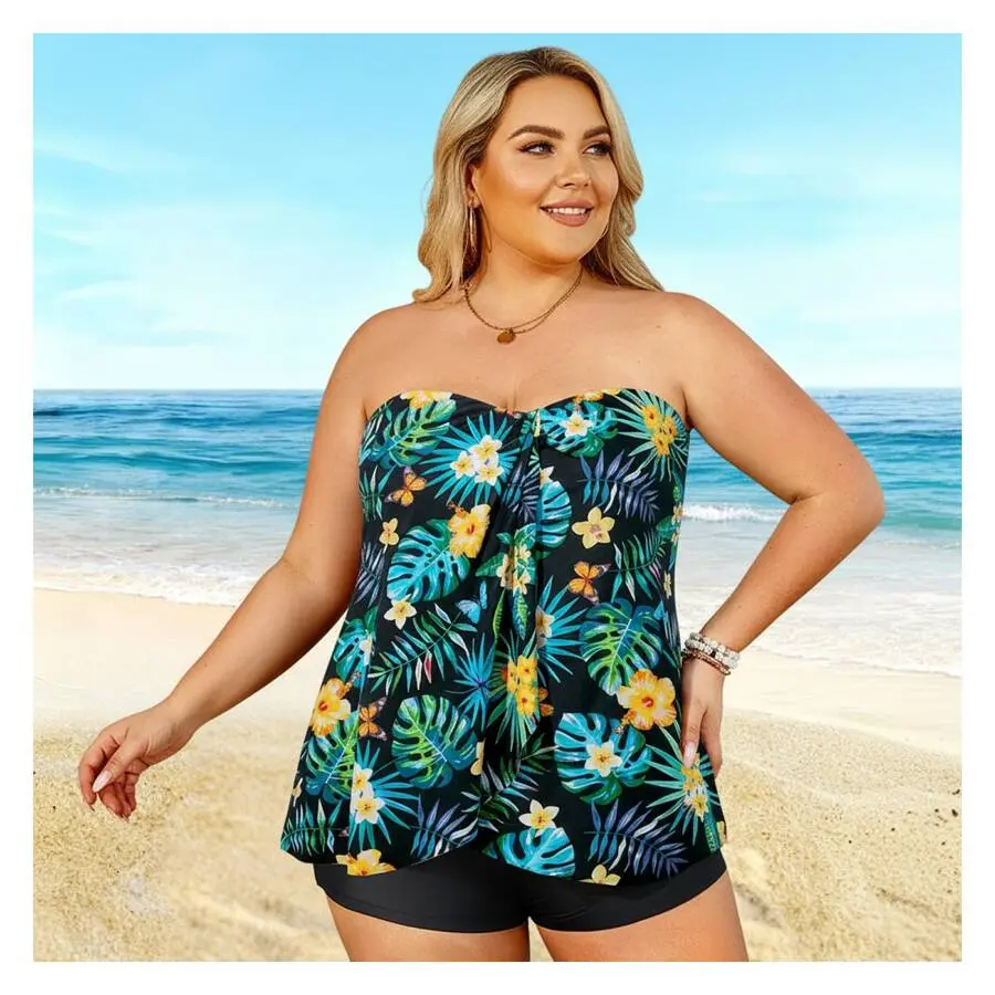 2026 New Plus Size Tankini Swimsuit Women - Strapless Floral Print Swimwear - Adjustable Swim Top & Waisted Bottom - Beach Vacation Bathing Suit