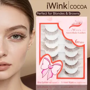 iWink Cocoa 3D Strip Lashes Medium Brown - 6 Pairs Ultra-thin Hand-Tapered for Natural Volume with Free Glue Eyeliner short dolly handmade Eyelashes Extensions