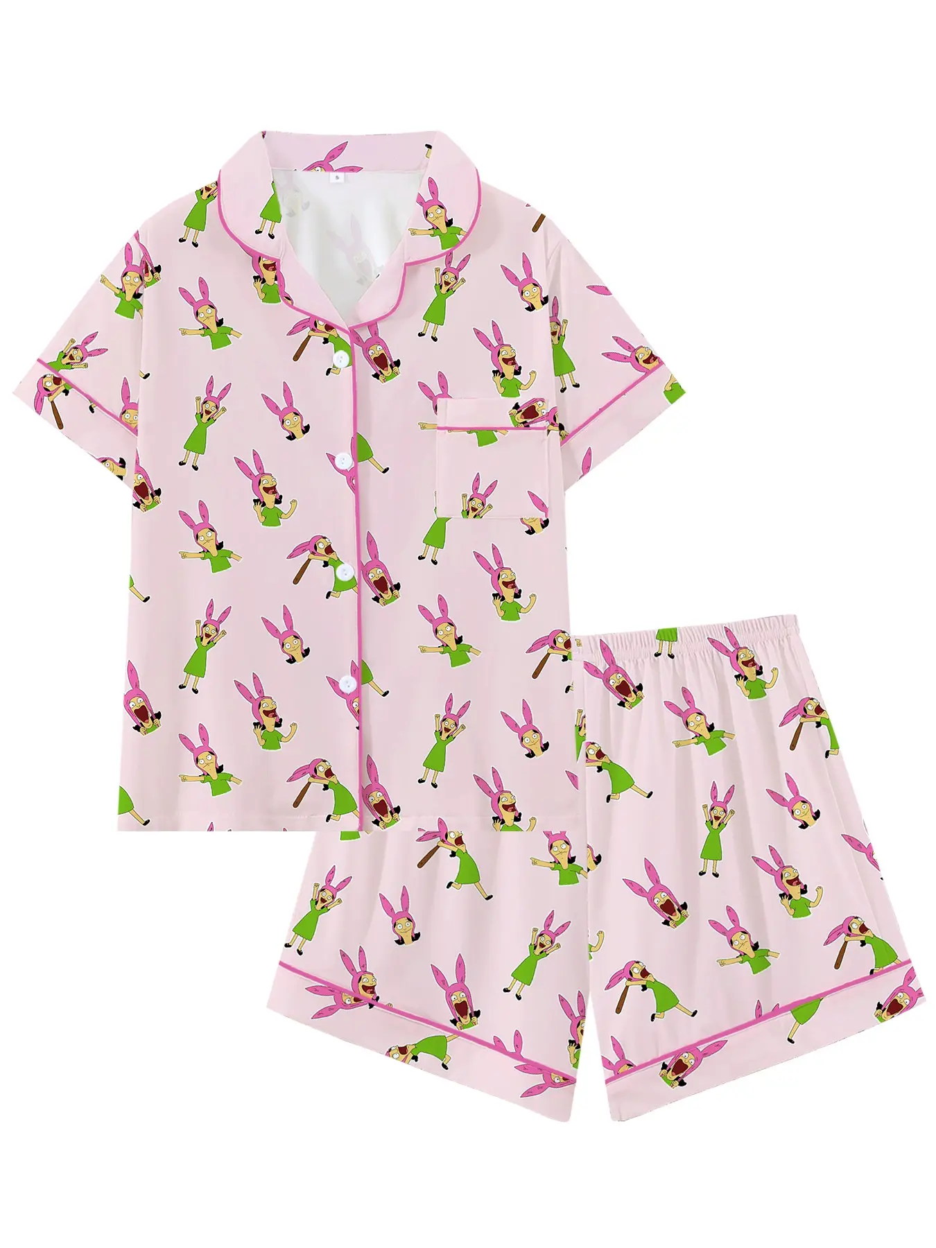 Bobs Burgers Family Louise Cute Burger Collar Short Sleeve Cartoon Print Pajama Set Loungewear, Casual Sleepwear Set, Comfortable Loose Sleepwear for All Seasons, Party Gift Pjs, Pajamas Sets