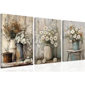 Rustic Farmhouse Floral Daisy Canvas Wall Art Set of 3 Vintage Country Flower Posters Wall Decor Wood Grain Paintings Print Rustic Decor Artwork for Bathroom Living Room Bedroom 12x16 In Framed,2D Flat