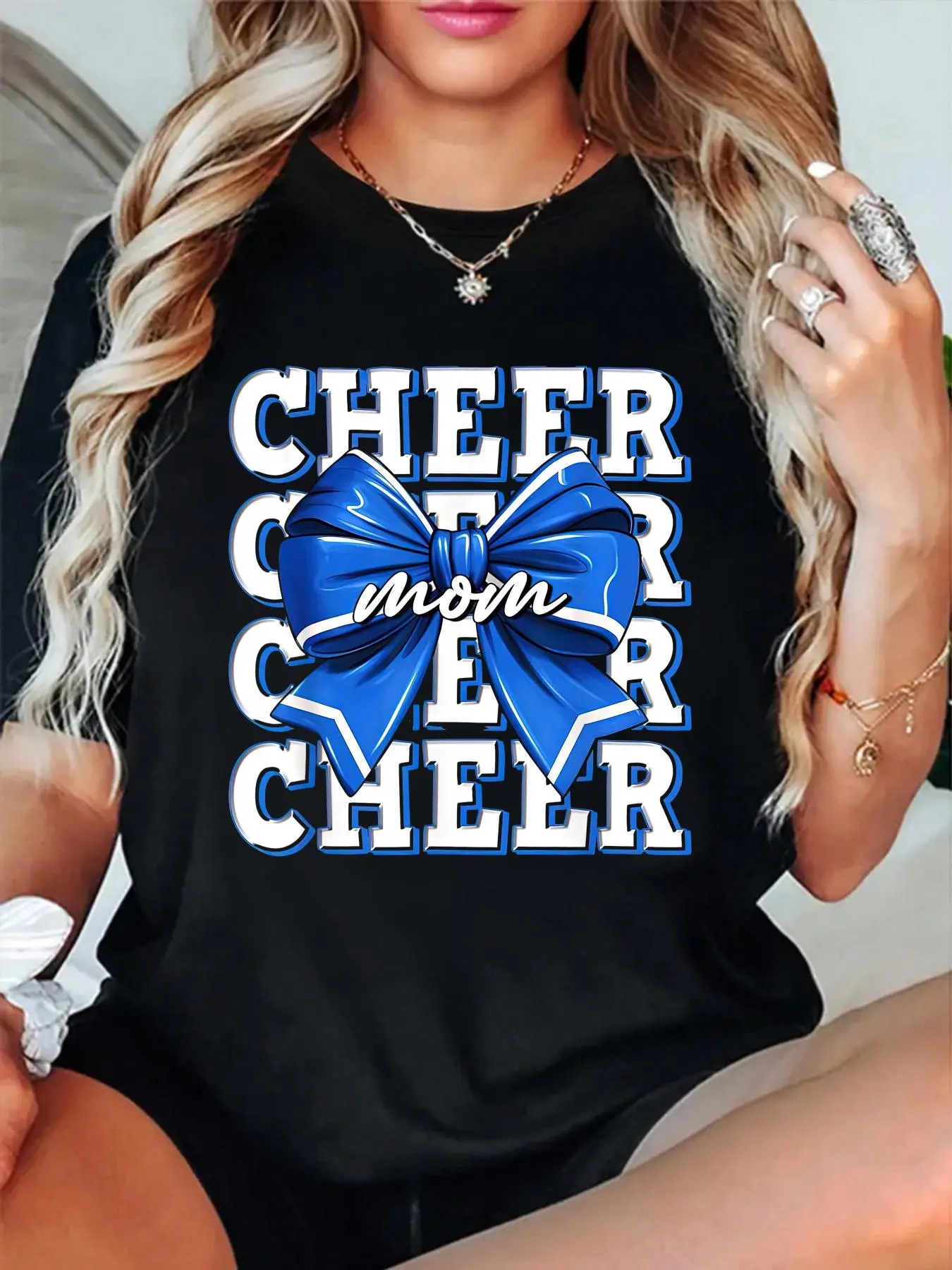 Cheer Mom Blue Bow Cheerleader Competition Game Day T-Shirt women's graphic tees fall shirts Casual All-Season Sportswear,Round Neck, Short Sleeve, Machine Washable
