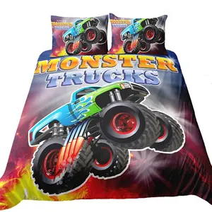 Monster Truck Duvet Cover Set Large, Cartoon Neon Truck Kids Bedding 3 Piece Set, Galaxy Theme Colorful Quilt 2 Pillowcases, Soft Breathable Polyester Fabric, Interior Style