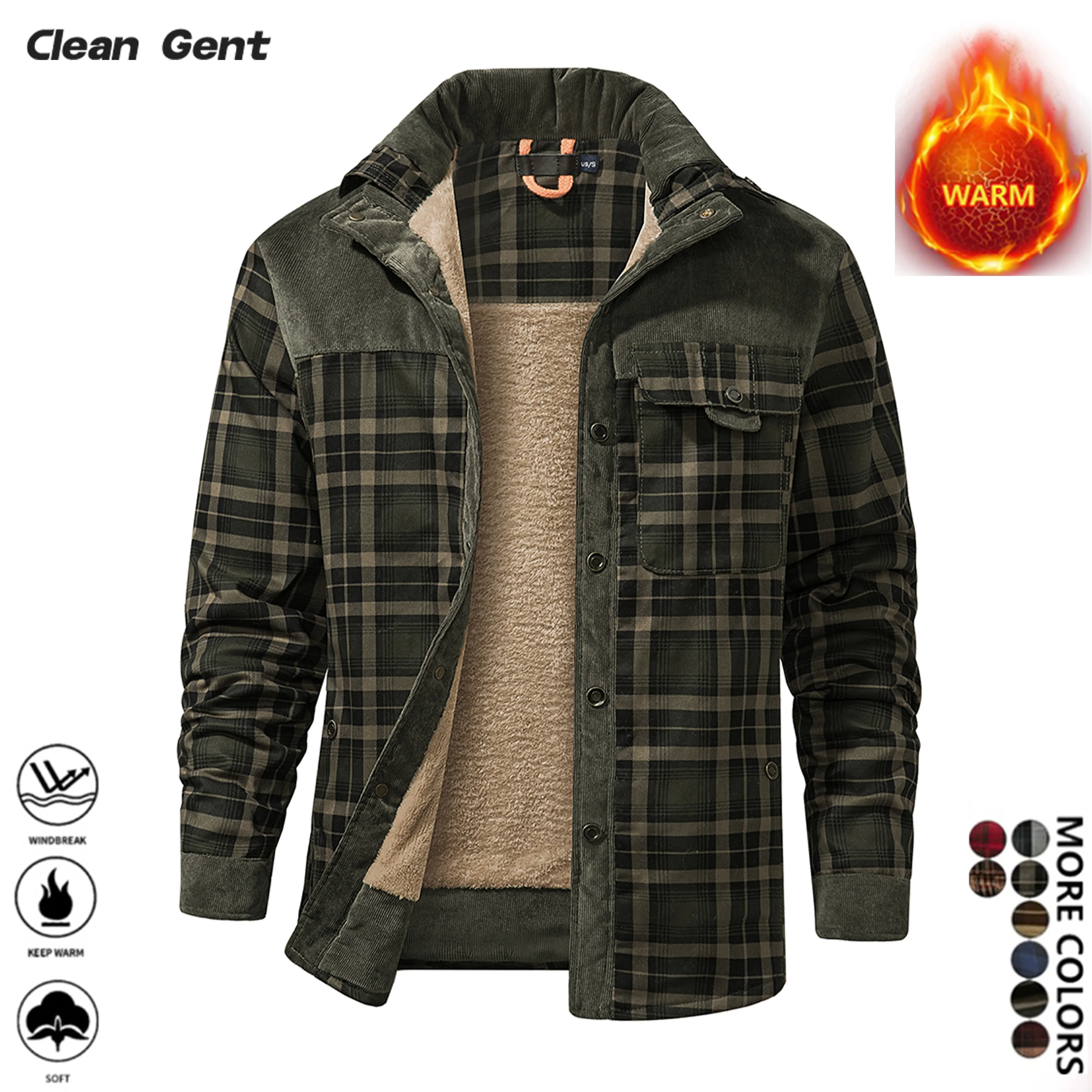 Clean Gent   Men's Vintage Plaid Shearling Lined Fleece Shirt Jacket Sherpa Coat, Warm Winter Fall Clothing For Men, Trendy Menswear