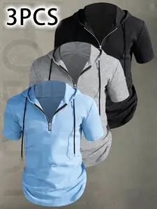 3pcs Men's Casual Fashion Hooded Short Sleeve Tops, Menswear, Half zipper design, Drawstring design, Soft and comfortable fabric, Durable and practical, Hoodies for men high quality, Suitable for everyday wear and sports.