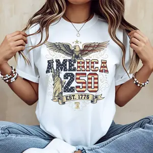 America 250 Eagle And Statue Of Liberty Print T Shirt Crew Neck Casual Patriotic Celebration Wear