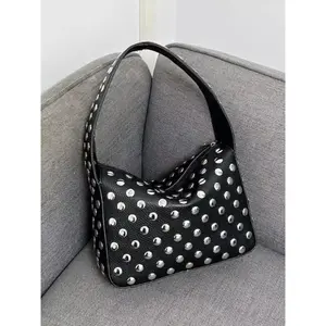 Punk Style Studded Decor Handbag, Fashionable Solid Color Shoulder Bag for Women, Casual Trendy Versatile Daily Commuting Bag, Crossbody Chain Bag, Casual Handbag Satchel