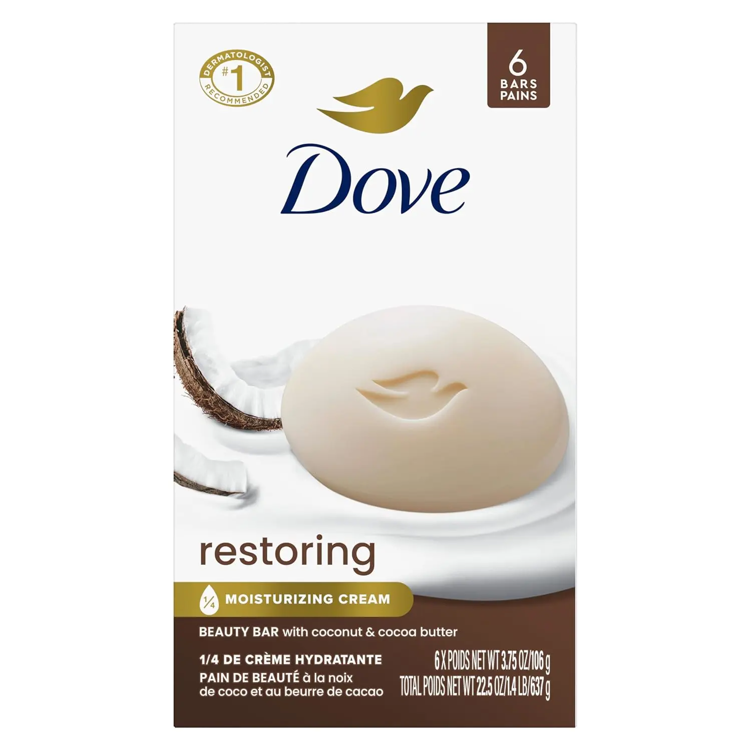 Dove Restoring Coconut & Cocoa Butter Beauty Bar Cleanser, 12-Count 3.75 oz Body Care Soap, Moisturizes & Hydrates for Nourished Skin