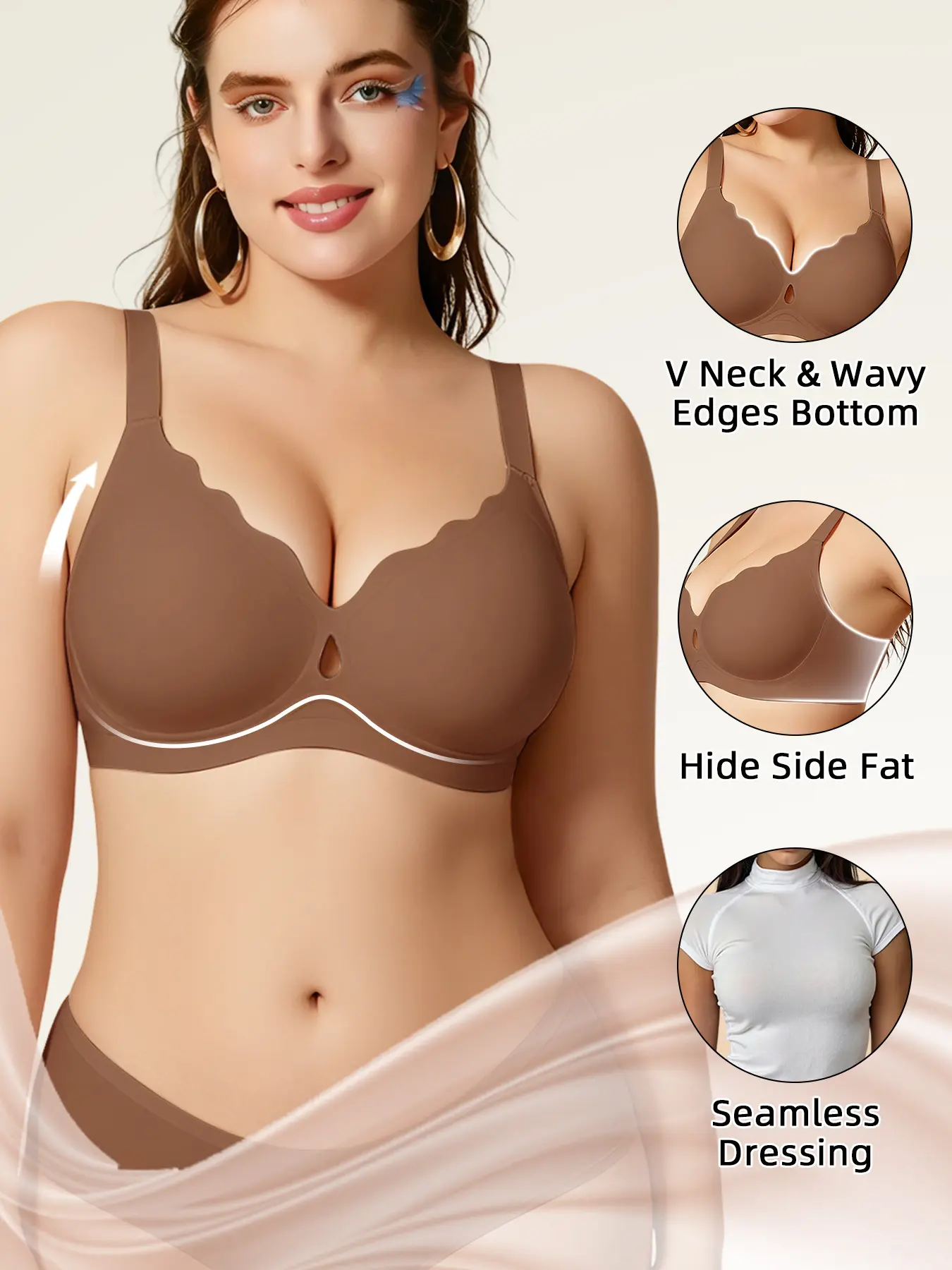 Women's Seamless Wireless High-Support Bra - Scalloped Edge Cups, Bust Cutout Design, Widened Adjustable Shoulder Straps, Full Coverage, Plus-Size Everyday Underwear with Multiple Color Options, Stylish Fit, Style