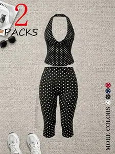 2 Pcs Women Polka Dot 2 Piece Outfit, V Neck Halter Crop Top & High Waist Capri Leggings Set, Y2K Slim Fit Loungewear Tracksuit for Casual Workout Streetwear