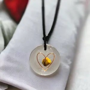 Orgonite* Tigers eye stone and copper heart design resin necklace EMF protection picture necklace