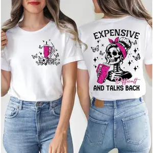 Expensive Difficult And Talks Back Skeleton Girl Pink Cup Graphic Tee Womens Oversized Casual Short Sleeve Crewneck Streetwear Summer Outfit Shirt