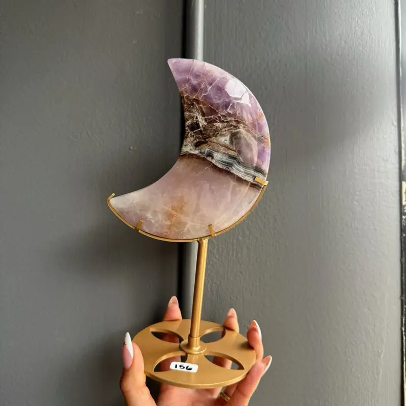 Amethyst Lace Agate Moon with Display Stand - Polished Lavender Purple White Band for Decor Meditation Gifting