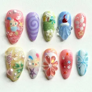 S118 Sweet Bunny Fantasy Press-On Nails, 3D Ice Cream, Lollipops & Floral Charms, Pastel Color Pop, Custom Press-On Nail, Solana Nails Town