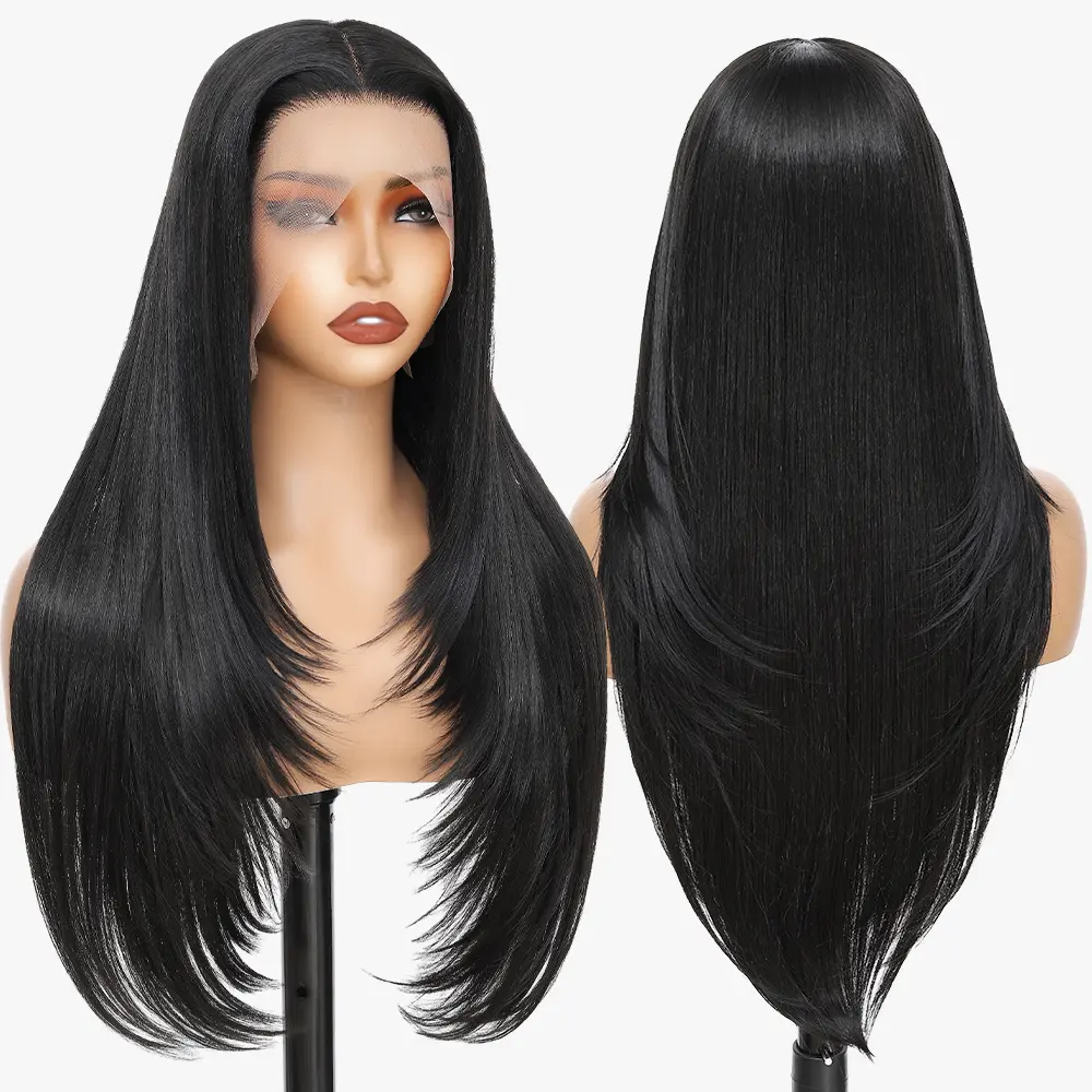 Wigaga Synthetic Lace Front Wig 13x4 HD Lace Layered Hairstyle Pre Plucked Hairline Straight Long Black Glueless Wigs for Black Women 26 Inch Beginner Friendly deep density hair