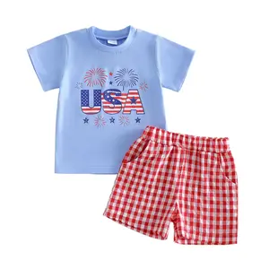 Toddler Boy 4th of July Match Style Set, Summer Short-Sleeve Striped American Flag Shirt Boys Short Outfit, Striped Shirt