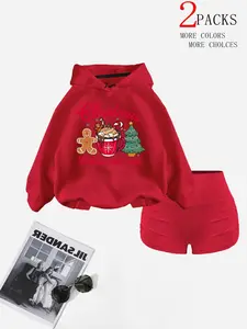 Women's Winter Hooded Sweatshirt Set, Christmas Print Drawstring Pullover, Casual Fashion Pocket Design, 2 Piece for Daily Wear