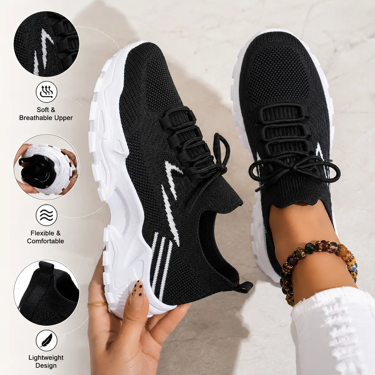 Women's Lace-Up Round-Toe Walking Sports Shoes - Casual, Stylish, Lightweight, Soft-Bottom for Outdoor Activities
